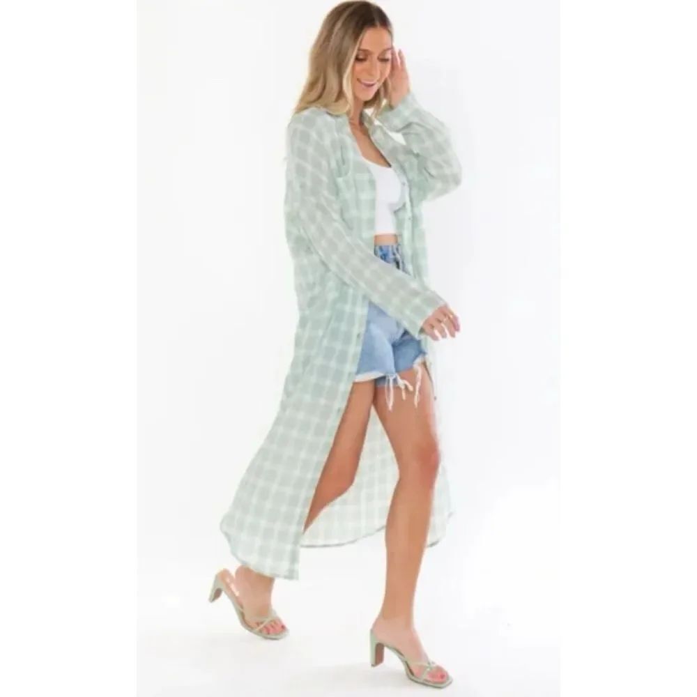 Show Me Your Mumu Leo Button Down Tunic Dress XL Mint Green White Plaid